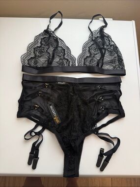 Society Vice Black Lace Bralette & Garter Brief Set - Women Intimates